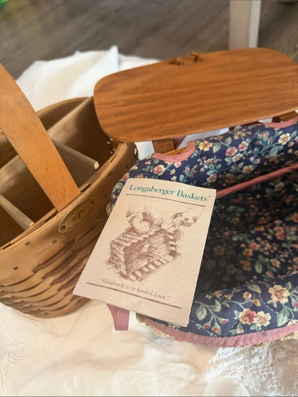 Longaberger Brown Woven Basket with Floral Navy and Cream Trim